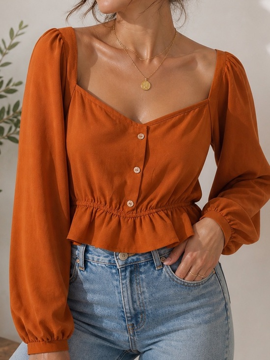 SHEIN Tops - SHEIN Rust Orange Square Neck Peplum Button-Front Blouse